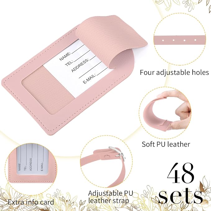 Amylove 48 Sets Leather Luggage Tags Bulk Wedding Favors Luggage Tags for Guests Bridal Gifts Wedding Bridal Shower Gift PU Leather with Name ID Card Tag for Guests