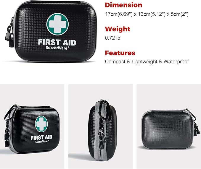 SuccorWare 150 Pieces Mini First Aid Kit - Small Medical Kit with Hard Shell - Emergency First Aid Kit for Car, Travel, Home, Outdoor, Office, Camping, Hiking (Black)