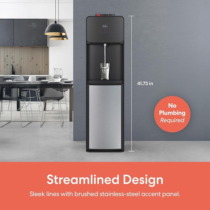 Brio 130SS Series Bottom Load Water Cooler Dispenser for 5 Gallon Bottles, Hot, Room & Cold, Great for Home or Office, Child Safety Lock, Empty Bottle Alert, Energy Star 3.0, Black & Stainless Steel