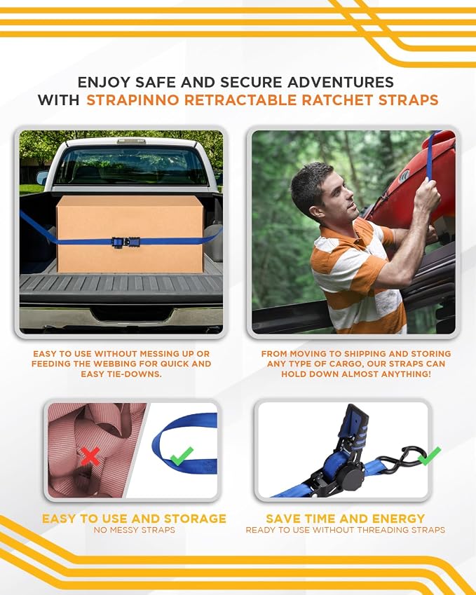 Strapinno 4 Pack Auto Retractable Ratchet Straps Bundle -1 in x 6 ft, 1500 LBS Break Strength Each, Heavy Duty Tie Down Straps for Cargo Securing, Weather Resistant Safety S-Hooks, Blue Strap