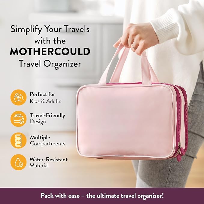 Kids Travel Organizer – Multi-Compartment, Water-Resistant Hanging Bag for Toys, Snacks, & Activities - Compact, Lightweight Design with Hook & Carry Handle - Perfect for Travel Use (Pink, Small)