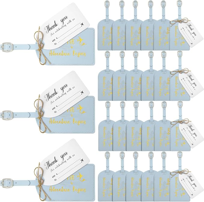 Sweetude 48 Sets Bulk Luggage Tags Wedding Favors and So The Adventure Begins Leather Luggage Tags for Suitcases with Name Card for Travel Themed Bridal Shower Graduation Party Favor(Haze Blue)