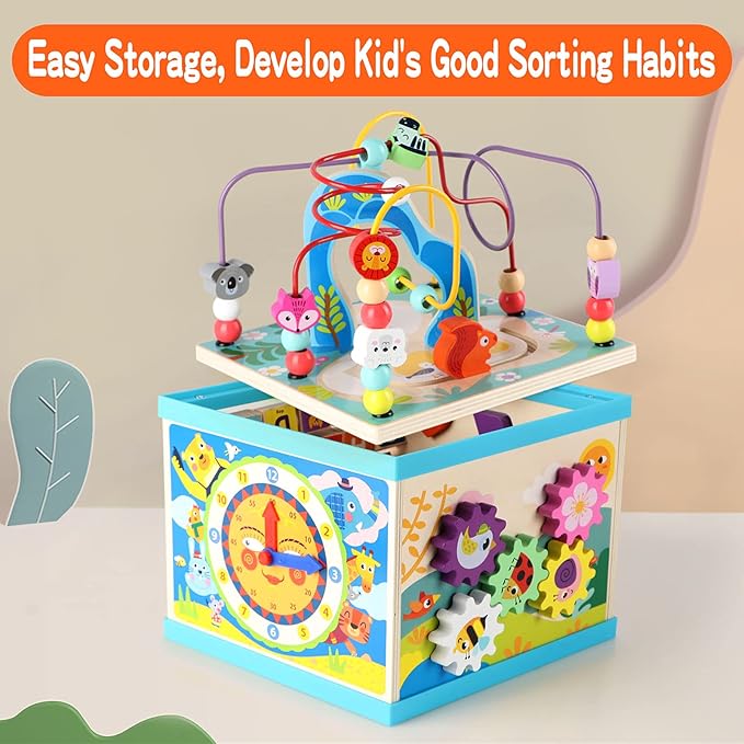 Qilay 5-in-1 Wooden Activity Cube for Toddlers 1-3(Large),Multipurpose Toddler Activity Center with Bead Maze & Shape Sorter, Early Educational Toy First Birthday Present for Boys Girls
