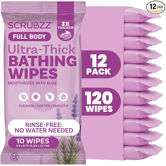 Extra Large Bath Wipes for Adults Bathing No Rinse - 120 Ultra Thick Disposable Body Cleansing Wipes for Men, Women & Elderly - Great for Gym, Camping, Post Surgery - Lavender