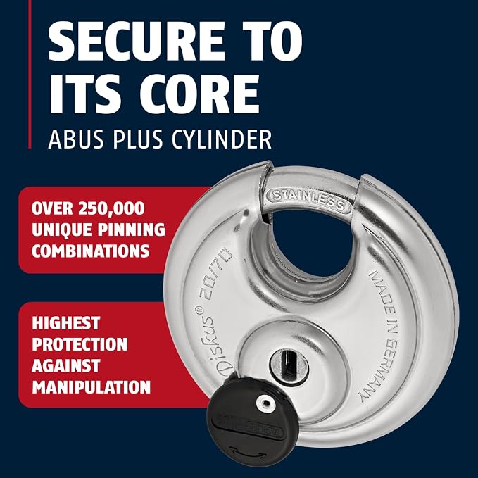 ABUS - Diskus 20/70 Padlock with Key (2.75") 70mm - Heavy Duty Stainless Steel - Cut, Rust & Drill Resistant - Storage & Outdoor - Pad Lock with 2 Keys (Keyed Different) - Commercial & Home Security