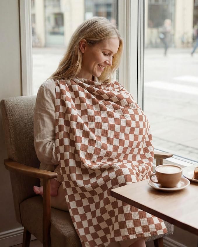 Blissful Diary Muslin Multi-Use Cloth - 4-in-1 Privacy Nursing Cover, Swaddle Blanket, Car Seat Cover, Burp Cloth, Portable Breastfeeding Essentials for Women, Baby Must Have (Brown Checkboard)