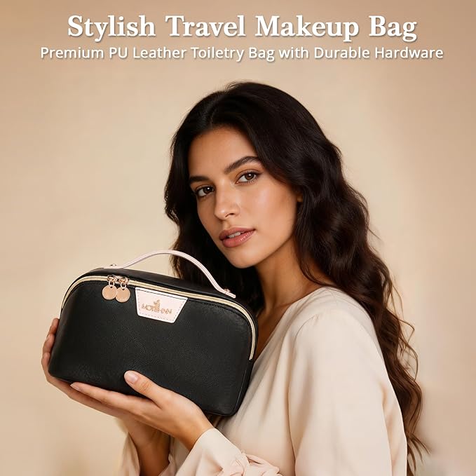 Travel Makeup Bag for Women: 3-in-1 Large Capacity Cosmetics Organizer with 2 Detachable Pouch - Vegan Leather Flat Open Toiletry Bag - Portable Travel Essentials for Full-Sized Bottles-Black