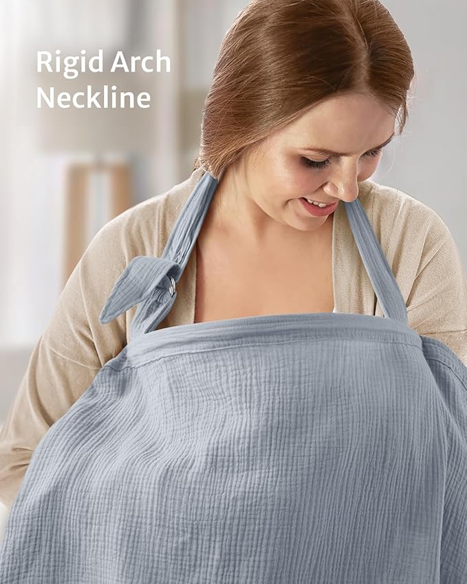Blissful Diary Muslin Nursing Cover for Breastfeeding, Breathable Breastfeeding Cover up with Arch Neckline for Women, Nursing Apron(Light Blue)