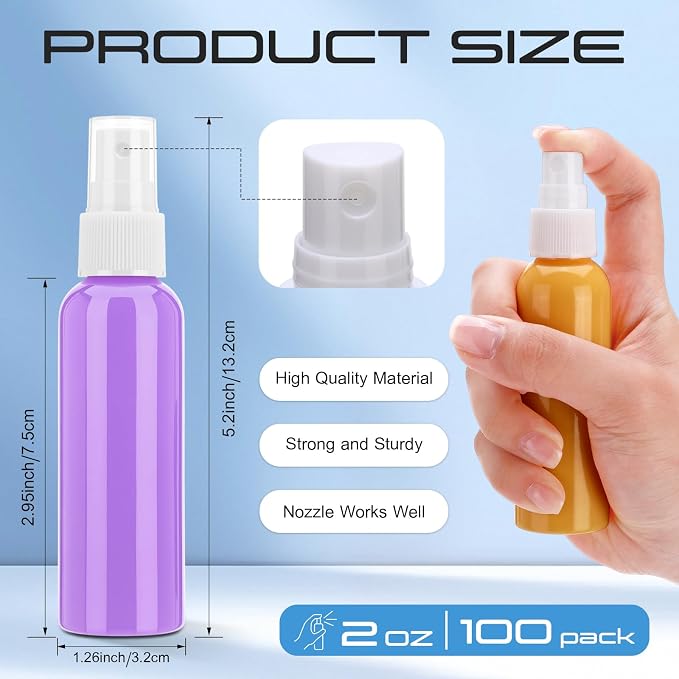 LemonRoad 100 Pack 2 oz Mini Spray Bottles Bulk Small Plastic Fine Mist Spray Bottles Pink Blue Asst Colors Leak Proof Mini Empty Refillable Travel Size Hair Colorful Sprayer Bottle for Cleaning