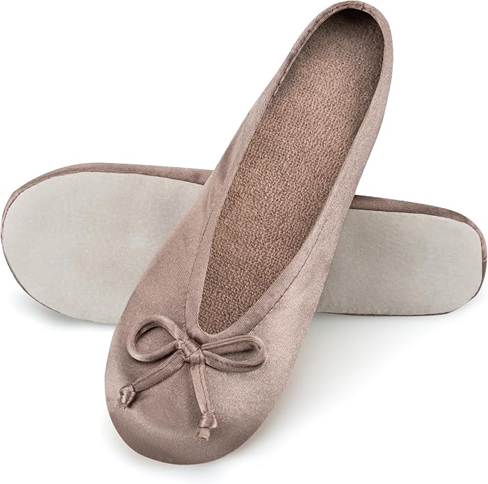 Isotoner Women's Satin Ballerina Slippers with Classic Ribbon Bow and Suede Sole