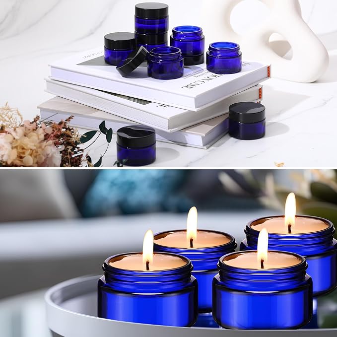 Domensi 100 Pcs 1oz Glass Jars with Lids Bulk Small Glass Salve Tins Cream Container Cosmetic Jars for Travel Balm with Inner Liners for Sample Cream (Cobalt Blue,Black Lid,Plastic Lid)