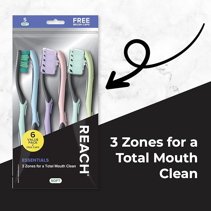 Reach Toothbrush, Soft Bristles, 6 Count | Multi-Zoned Angled | Contoured Handle | Tongue Scraper | Pack of 2