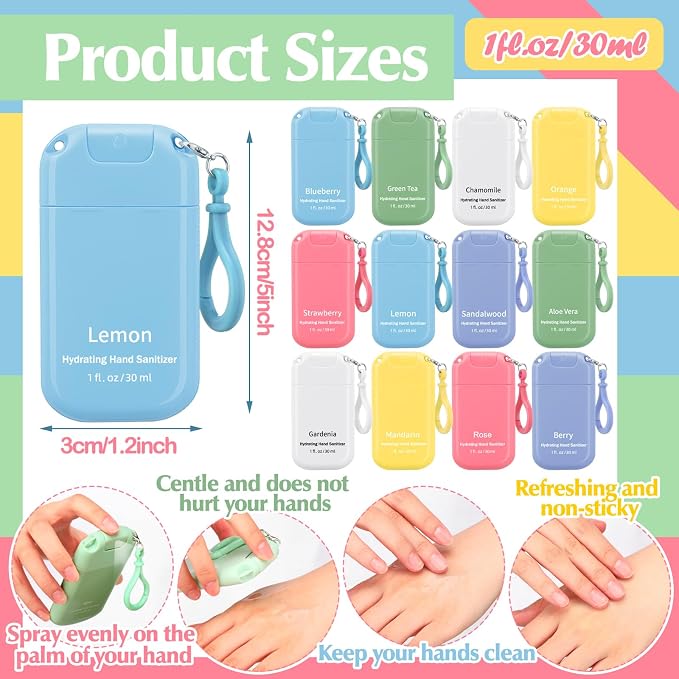 24 Pack Cute Mist Hand Sanitizer Spray Keychain Mini Hand Sanitizer Bulk Travel Size 1oz Wedding Favor Scented Moisturizing Variety Pack Back to School Teacher Gift Positive Employee Team Gift