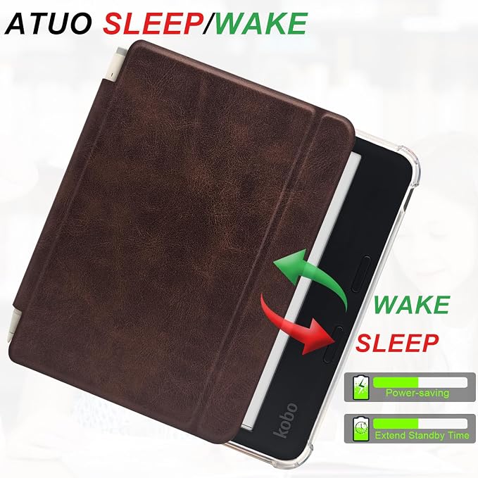 Folio Leather Case for 7" Kobo Libra Colour (2024) eReader - Ultra-Thin Enhanced Auto Sleep/Wake Cover with Transparent TPU Back, Magnetic Closure, Stylus Holder (Cowhide Brown)