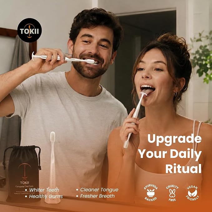 TOKII Tongue Scraper & Tongue Cleaner for Adults, 2-in-1 Toothbrush with Sliding Tongue Scraper, Charcoal Ultra Soft Bristles, Ayurvedic-Inspired, Includes Travel Toothbrush, Stand & Waterproof Pouch