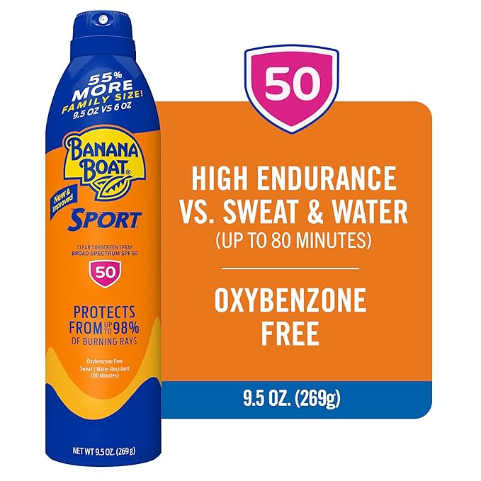 Banana Boat Sport Ultra SPF 50 Sunscreen Spray, 9.5oz, Banana Boat Sunscreen Spray SPF 50, Oxybenzone Free Sunscreen, Spray On Sunscreen, Water Resistant Sunscreen, Family Size Sunscreen, 9.5oz