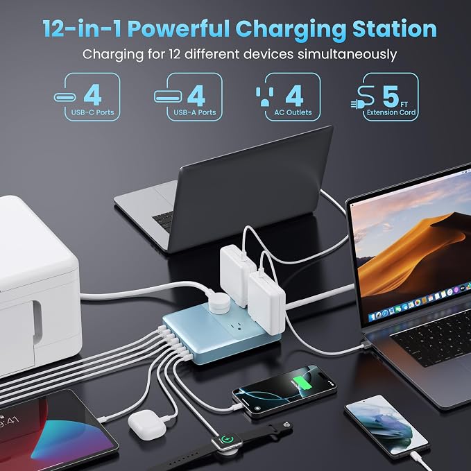 200W Charging Station,12-in-1 USB C Power Strip with Flat Plug and 5ft Extension Cord,4 AC Outlets,4 USB-A,4 USB-C Ports for iPhone 17/16/15,65W PD Fast Laptop Charger for MacBook,Home,Dorm(Sky Blue)