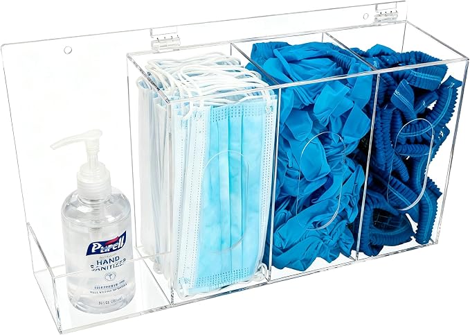 SEANADO Hand Sanitizer and Glove Holder Dispenser with Lid, Clear Acrylic 4 Compartments Hygiene Station for Disposable Face Mask, Shoe Cover, Hairnets - Wall Mount or Tabletop
