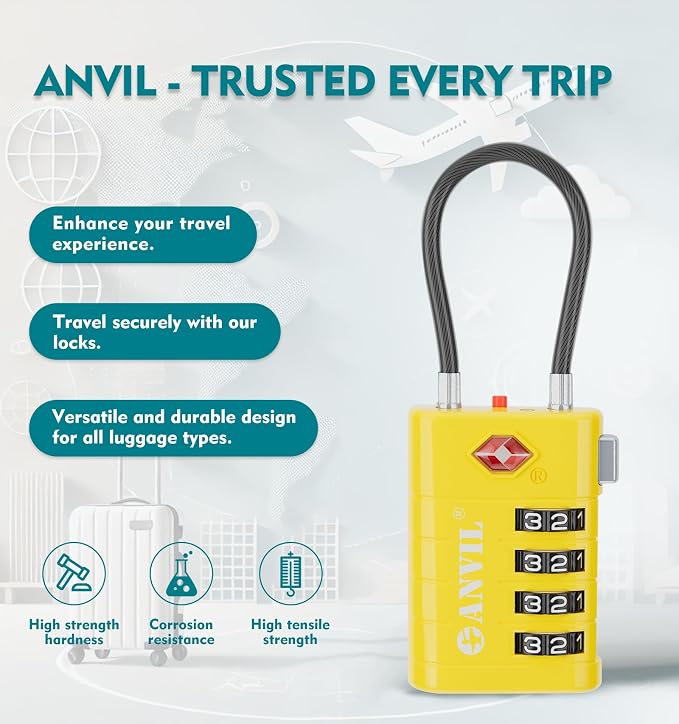 ANVIL TSA Approved Luggage Locks with Search Alert Indicator, 4-Digit Combination Suitcase Lock, Advanced TSA008 Core Heavy Duty Anti-Theft Travel Lock for Double Zippers, Backpacks