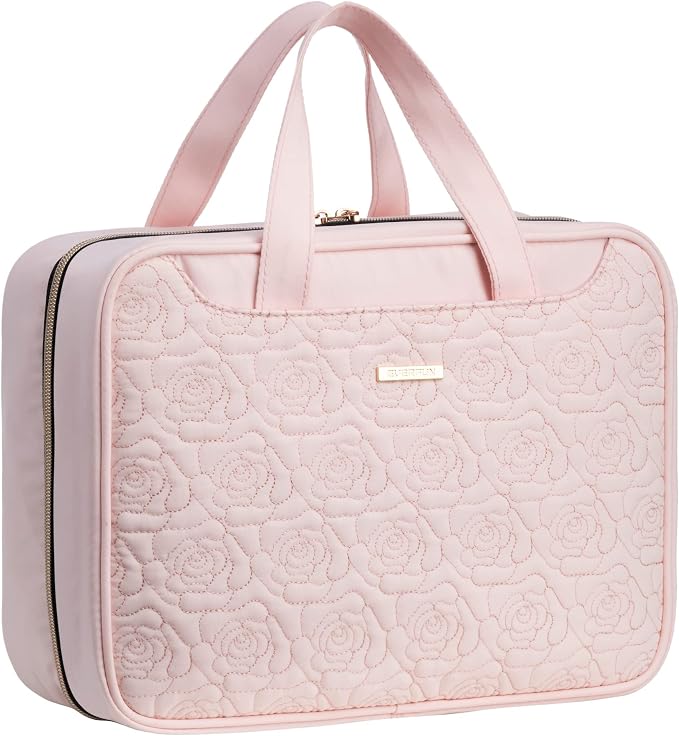 Everfun Travel Toiletry Bag with Hanging Hook and Leakproof Wet/Dry Compartments, Large Capacity Makeup Cosmetic Organizer for Women, 12x9x4.5 Inch, Pink