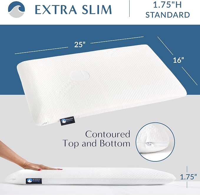 Bluewave Bedding Extra Slim Gel Memory Foam Pillow for Stomach and Back Sleepers - Thin, Flat, and Low Profile Design for Deeper Sleep (1.75-Inches Height, Standard Size)