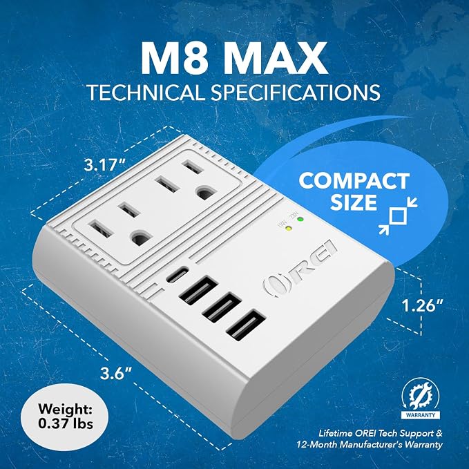 OREI Universal Travel Plug Adapter M8 Max, Compatible for Europe, Asia, China, Japan, Africa - Ideal for Smartphones, Tablets, Cameras, and More