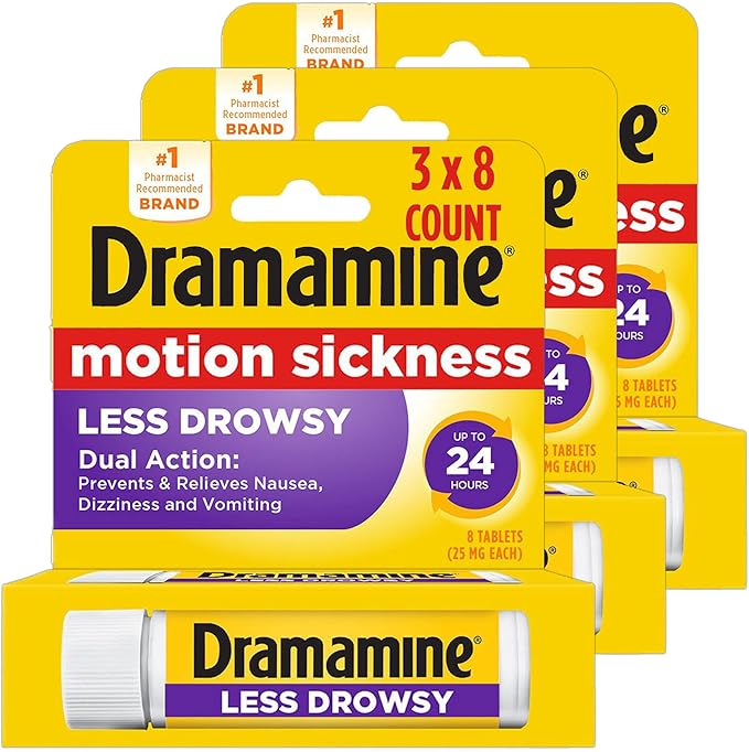 Dramamine Motion Sickness Relief, Non-Drowsy Ginger Capsules, 18 Count, 2 Pack + Less Drowsy Tablets, 8 Count, 3 Pack