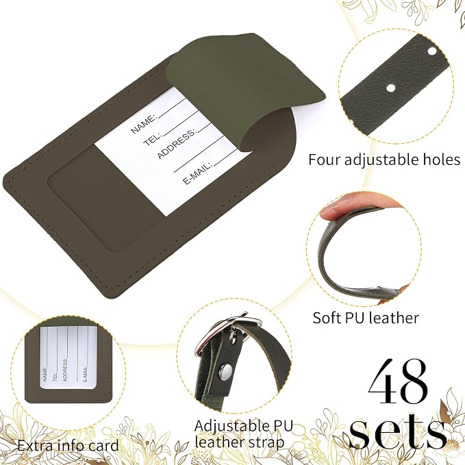Amylove 48 Sets Leather Luggage Tags Bulk Wedding Favors Luggage Tags for Guests Bridal Gifts Wedding Bridal Shower Gift PU Leather with Name ID Card Tag for Guests