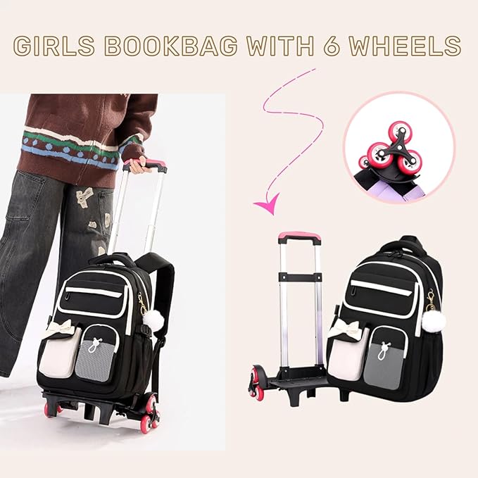 Black Rolling Backpack for Girls Kids Trolley Rolling School Bag Wheeled Backpack for Elementary School Roller Bookbags on 6 Wheels, Black