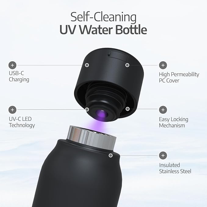 UVBRITE UV self-Cleaning and Water-Purifying Bottle TT-B02-18.6 Ounce Insulated Rechargeable Stainless-Steel Tumbler with Safety Lock Prevents Accidental Exposure Ideal for Outdoor and Emergency use
