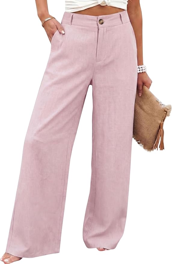 Hooever Womens Cotton Linen Pants Casual Button Up High Waisted Wide Leg Trousers