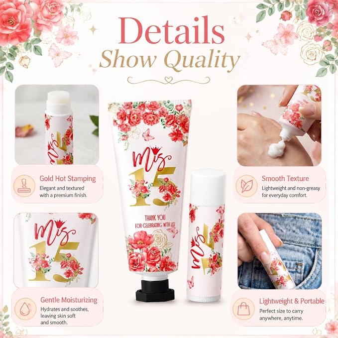 Leelosp 100 Pcs/50 Sets Red Quinceanera Party Favor Gifts for Guests 15th Thank You Gifts Girl Hand Cream and Lip Balm Sweet 15th Birthday Party Favors for Guests