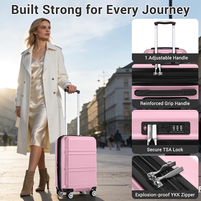 Kono Carry On Luggage 22x14x9 Airline Approved with Spinner Wheels,Lightweight PC+ABS 20 Inch Luggage with TSA Lock,Expandable Hard Shell Carry On Suitcases for Men Women,Pink