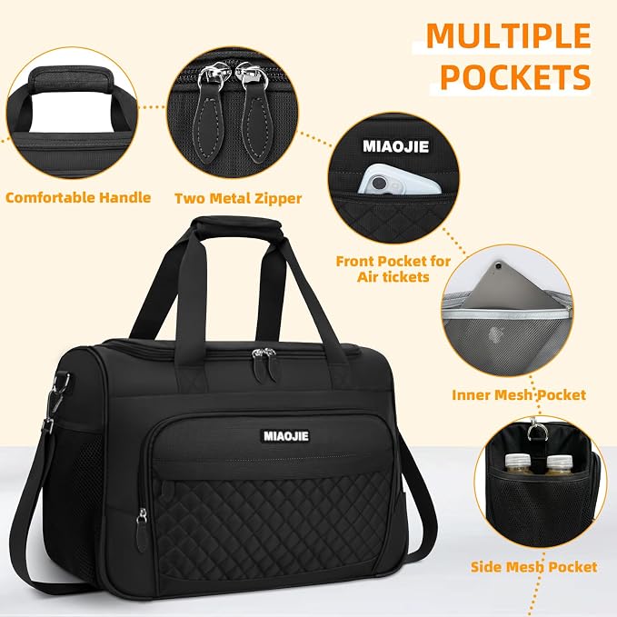 Travel Duffle Bag for Women, Underseat Carry On luggage Bag Foldable Overnight Weekender Hospital Bag Lightweight Airplanes Personal Item Travel Tote Bag for Women Birthday Gifts, 18IN Black