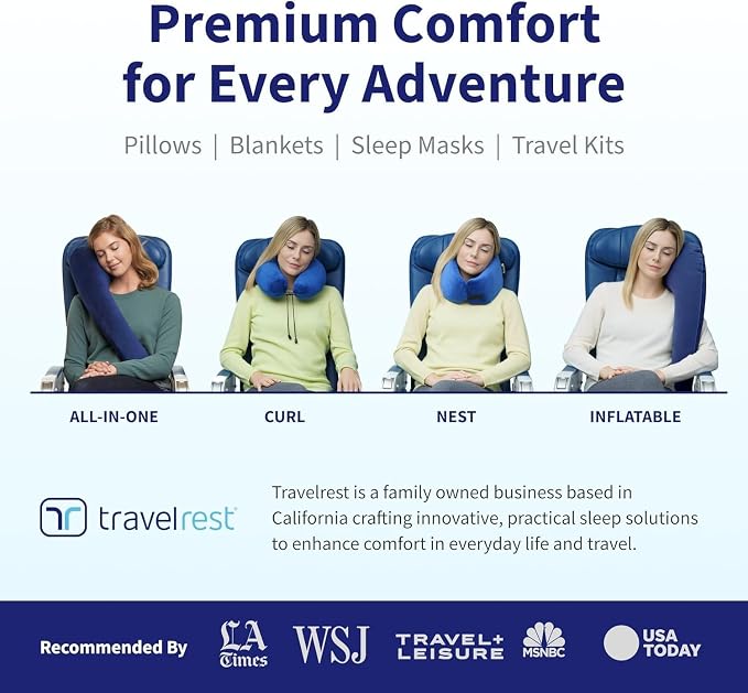 TRAVELREST Sleep Neck Pillow Travel - Travel Essentials, Memory Foam, Neck Support Pillow for Long Flight, Plane Sleeping Accessories, Anti-Slip and Comfortable, Washable, Attaches to Luggage - Blue