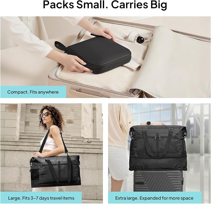 TOPEAST Foldable Travel Bag for Men & Women, 65L Weekender Overnight Duffle Bag for Travel, Expandable Airline Approved Carry-On with Shoe Compartment, Lightweight Personal Item Bag, Water-resistant