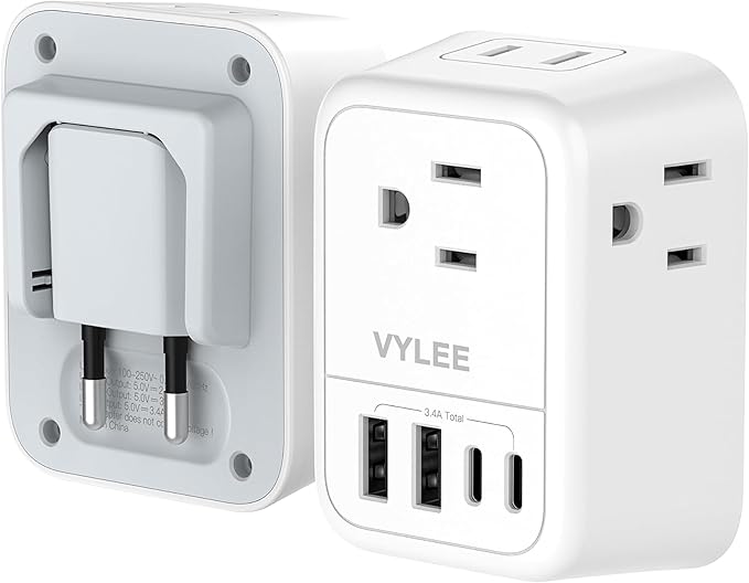 VYLEE Travel Adapter with 4 AC Outlets and 4 USB Ports - European Foldable International Power Adapter, Type C Plug Adapter Travel Essentials to Most Europe EU Spain Italy France Germany [1 Pack]