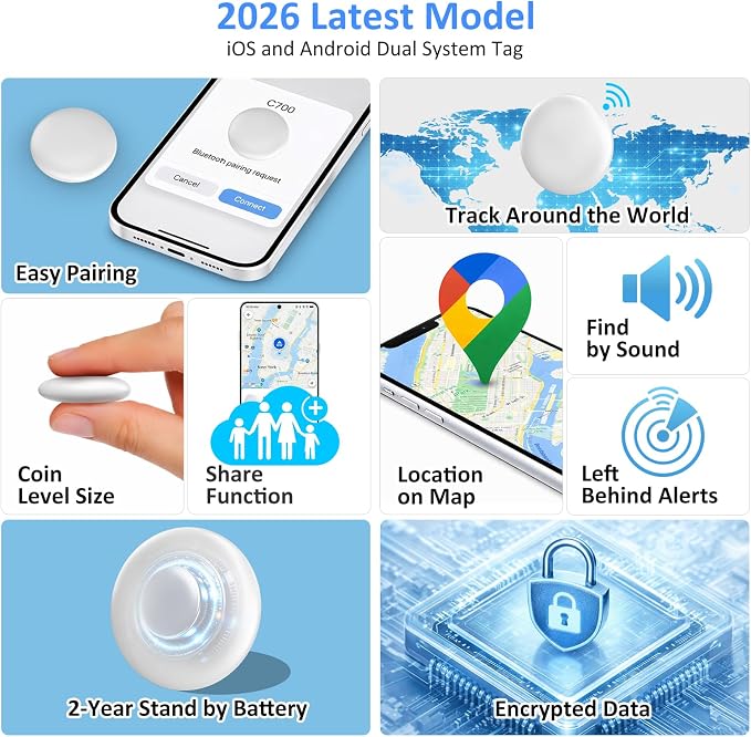 Smart Tracker Tags –Bluetooth Item Finder for iOS & Android | Works with Apple Find My & Android Find My Device, Luggage Tracker for Keys, Wallet, Backpack & Suitcase, Anti-Lost Tag (1, White)