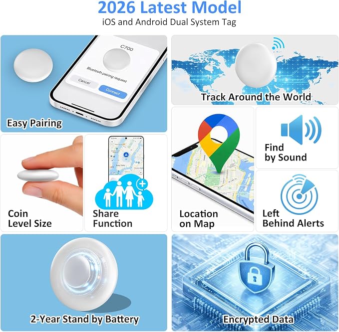 Smart Tracker Tags – Bluetooth Item Finder for Android & iOS | Works with Apple Find My & Android Find My Device, Luggage Tracker for Keys, Wallet, Backpack & Suitcase, Anti-Lost (4, White)