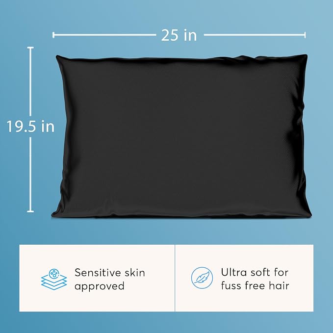 Silk Sleep Essentials Set in Black: Pillowcase and Eye Mask, 25" x 19.5" Fits Standard Queen Pillow, 22mm 6A Grade, for Gentle Sleep, Anti-Breakage, Tangles, Creases and Wrinkles, By Silver Mirror