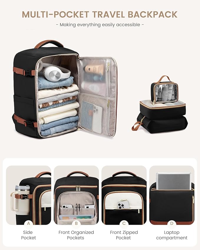 LOVEVOOK 40L Travel Backpack Carry on Flight Approved, Personal Item Bag with 3 Packing Cubes, Travel Backpack for Women Fits 17" Laptop, Water-resistant Carry On Bag for Airplanes