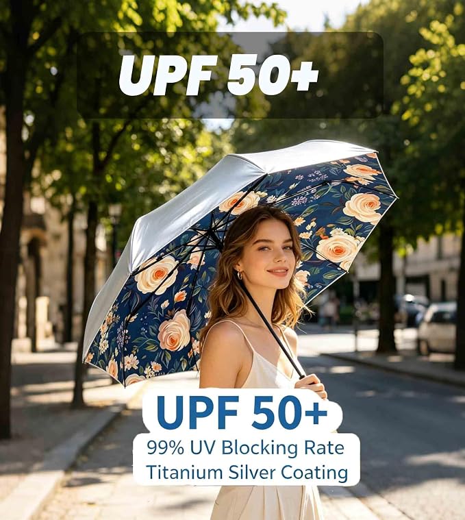 SIEPASA Compact Travel Umbrella - Windproof Auto Open/Close, Small Folding Umbrella for Rain & Sun with UPF50+ - Lightweight Frame, Waterproof - Fits Backpack, Purse, Suitcase.(Silver/Rose)