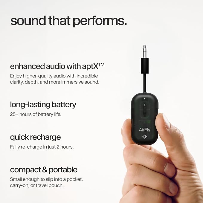 AirFly Pro 2 – Bluetooth Adapter for Airplane, Pair 2 AirPods or Wireless Headphones – 3.5mm AUX Bluetooth Transmitter for Cars, Boats, Treadmills, TVs– Airplane Travel Essentials, Black Ice