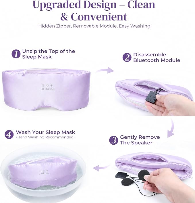 LC-dolida 3D Silk Bluetooth Sleep Mask, Mulberry Silk Sleep Mask with Bluetooth Headphones, Bluetooth Eye Sleep Mask for Side Sleepers, Total Blackout Bluetooth Eye Mask for Women Men, Light Purple