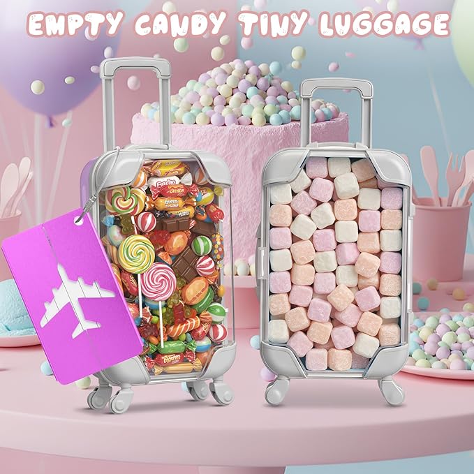 Teecyhooo 20 Pcs Mini Suitcase Party Favor Boxes and 20 Pcs Metal Luggage Tags with Card, Clear Mini Luggage Gift Boxes for Girls Wedding Travel Birthdays (6.5 x 2.8 x 1.4 Inch,Multicolor)