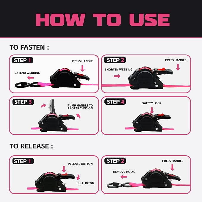 Retractable Ratchet Straps 1" x 13Ft, Heavy Duty Self Retracting Tie Down Straps, 1800lb Break Strength Auto Retract Cargo Straps for Truck, Trailer, Motorcycle, ATV, UTV, (Pink, 2 Pack)