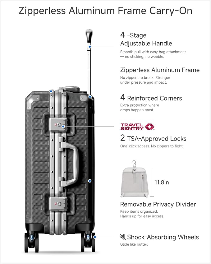 Carry On Luggage with Spinner Wheels, 8010S Aluminum Frame Zipperless Polycarbonate Hard Shell Suitcase (ZX-Core, Charcoal Metallic, 20 Inch)