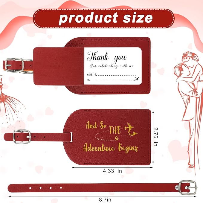 Sweetude 48 Sets Bulk Luggage Tags Wedding Favors and So The Adventure Begins Leather Luggage Tags for Suitcases with Name Card for Travel Themed Bridal Shower Graduation Party Favor(Burgundy)