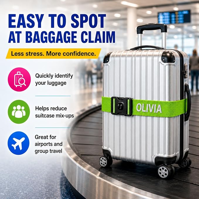 Personalized Luggage Strap with Safety Locking Buckle,1 Pc Custom Embroidered Names & Text, Adjustable Travel Belt for Suitcases, Prevents Accidental Opening, Ideal for Travel & Gifts(1)