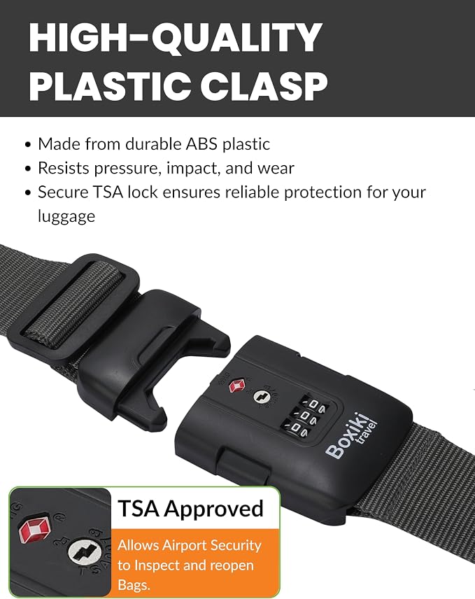 Charcoal Grey TSA Approved Luggage Straps Set of 2, Precision-Engineered Adjustable Suitcase Belts with 3-Dial Combination Lock, Heavy-Duty Polyester Travel Belt Fits Checked Bags and Carry-On